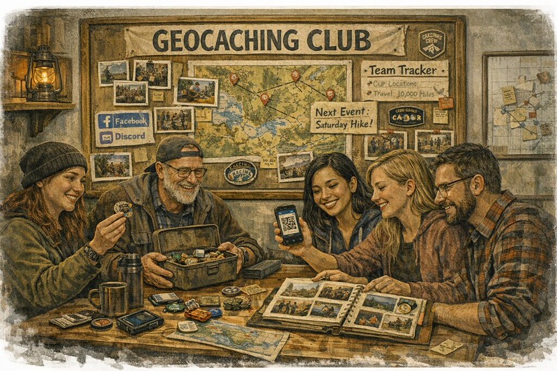Illustrated outdoor meetup scene for club-based Geotrackable adventures.