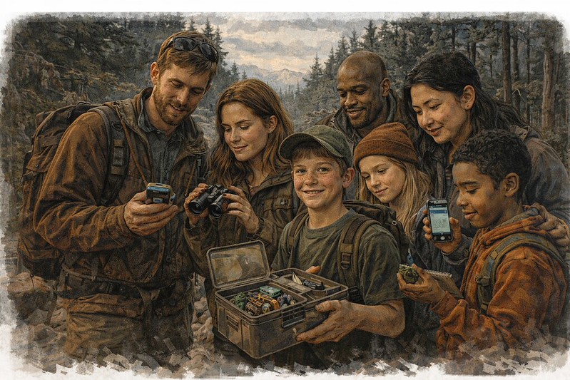 Illustrated family-friendly geocaching scene for parent-managed Geotrackable adventures.