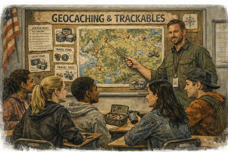 Illustrated classroom-themed geocaching scene for teacher-managed Geotrackable projects.