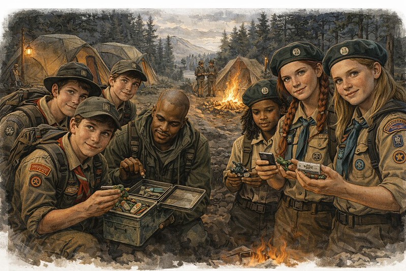 Illustrated troop adventure scene representing scout and youth-group Geotrackable use.